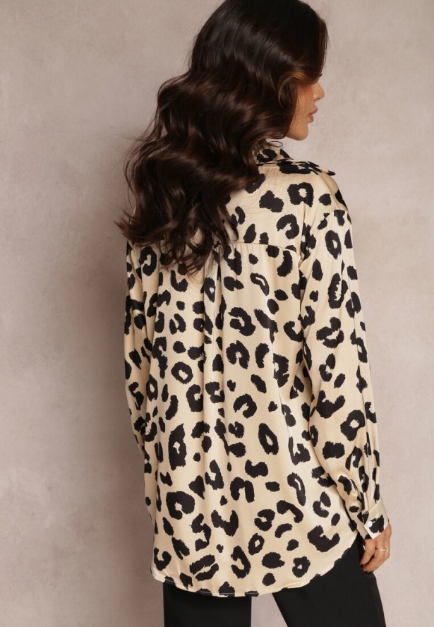 Beżowa Koszula Zapinana w Cętki Cenin