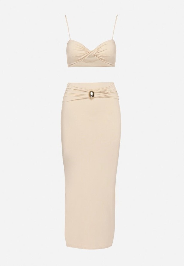 Beżowy Komplet z Wiskozą Top na Ramiączkach i Spódnica z Rozcięciem Savolise