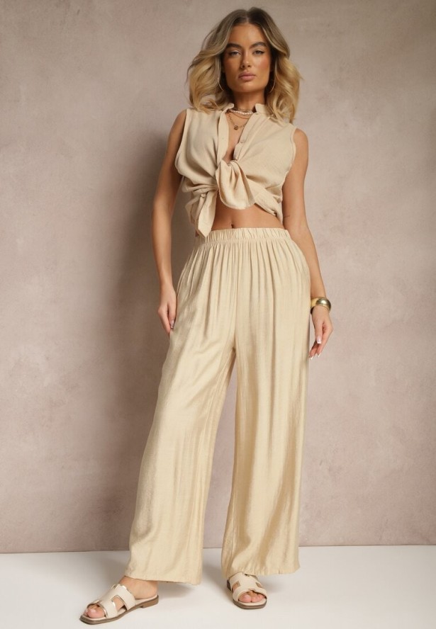 Beżowe Spodnie Palazzo o Szerokim Kroju High Waist Lislevia