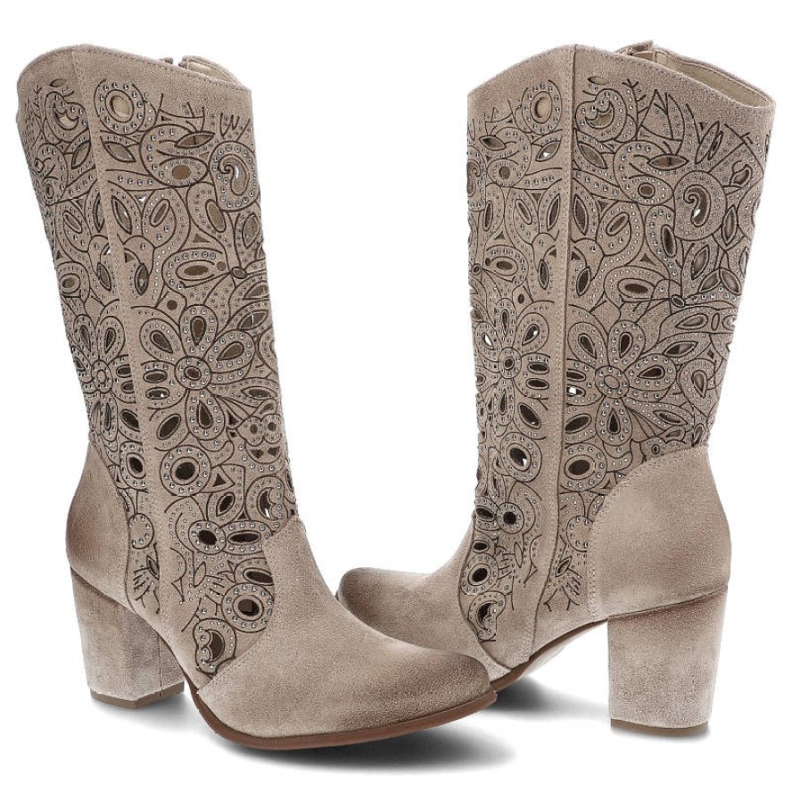 Kowbojki damskie Exquisite, ażurowa cholewka z dekoracyjnym wycinaniem naturalna faktura materiału stabilny obcas, sahara, 1289