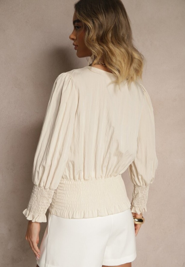 Jasnobeżowa Bluzka z Wiskozą Ozdobiona Ściągaczami Tosara