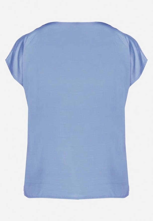 Niebieska Bluzka z Haftem i Sznurkiem Przy Dekolcie Mepaya