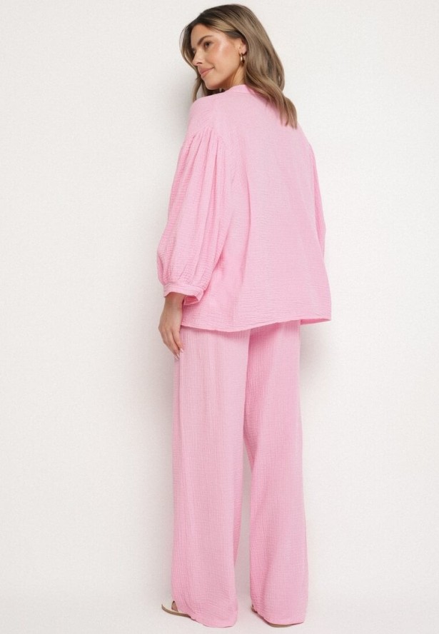 Różowy Muślinowy Komplet z Bawełny o Kroju Oversize Koszula i Szerokie Spodnie Ziselia