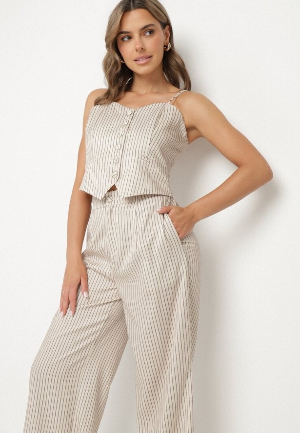 Beżowy Wiskozowy Komplet w Pionowe Paski Szerokie Spodnie i Top Firtebia