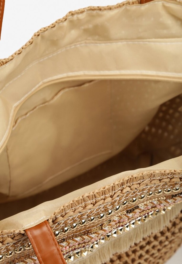 Brązowa Torebka Shopperka Wykończona Plecionką i Frędzlami w Stylu Boho Rivaniane