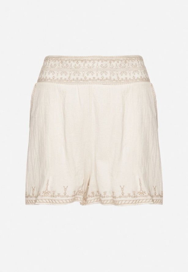 Jasnobeżowe Bawełniane Szorty z Wysokim Stanem Zdobione Haftem Korioria