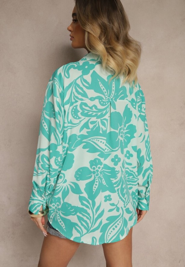 Niebieska Koszula Oversize w Kwiatowy Print Boinea