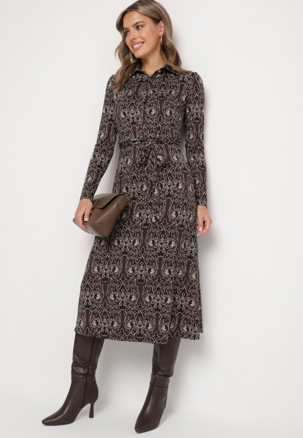 Brązowo-Beżowa Sukienka Koszulowa Ozdobiona Ornamentalnym Wzorem Mesilie