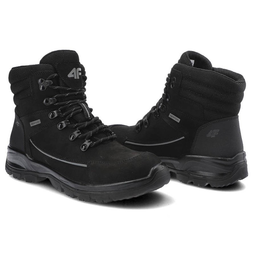 Trekkingi unisex 4F, skóra naturalna nubuk z tekstylnymi wstawkami sznurowanie z metalowymi haczykami oraz gruba amortyzowana podeszwa, czarne, H4Z21