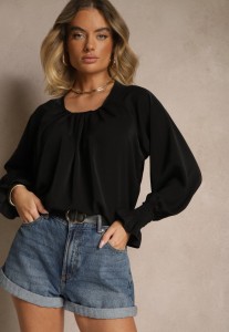 Czarna Bluzka Ozdobiona Marszczeniem Emirana