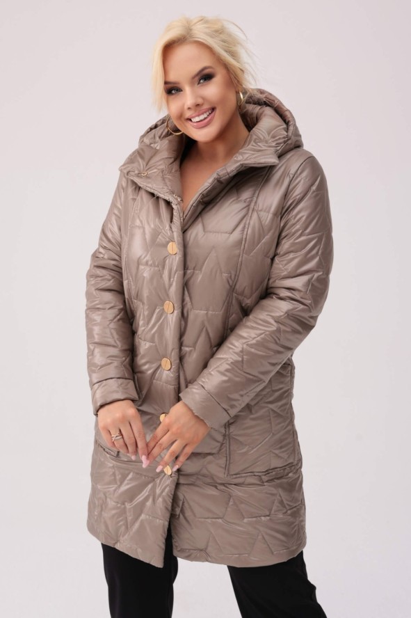 Pikowany ciemno-beżowy płaszcz Vivien z fantazyjnymi kieszeniami OVERSIZE PLUS SIZE XXL JESIEŃ