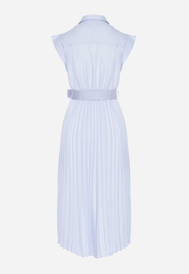 Jasnoniebieska Plisowana Sukienka z Bawełną i Paskiem Lireviere