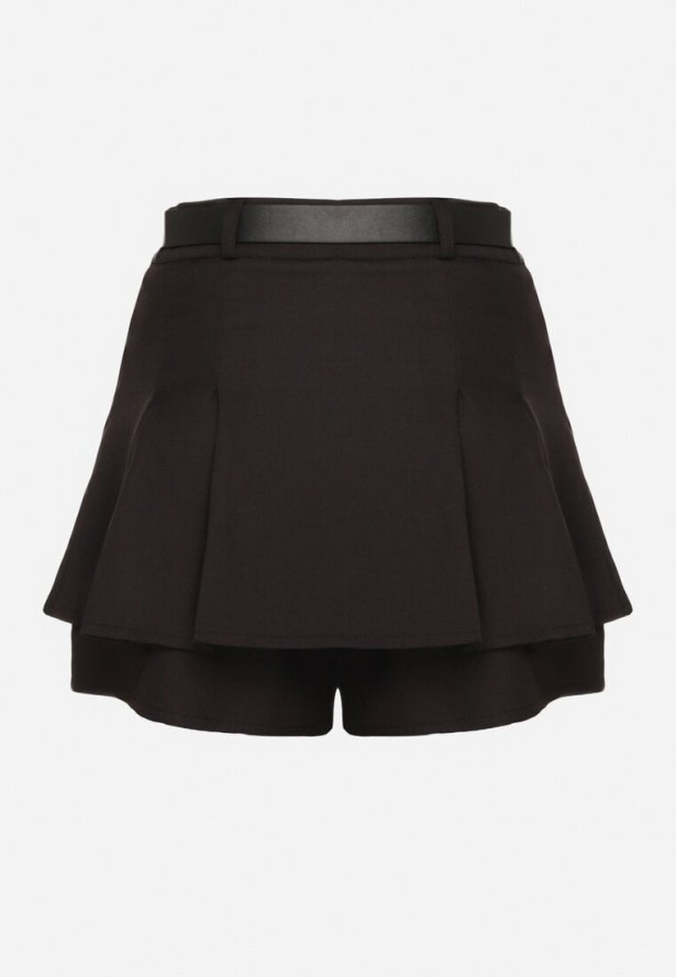 Czarne Wiskozowe Spódnico-Szorty Ozdobione Guzikami i Paskiem Sanioris