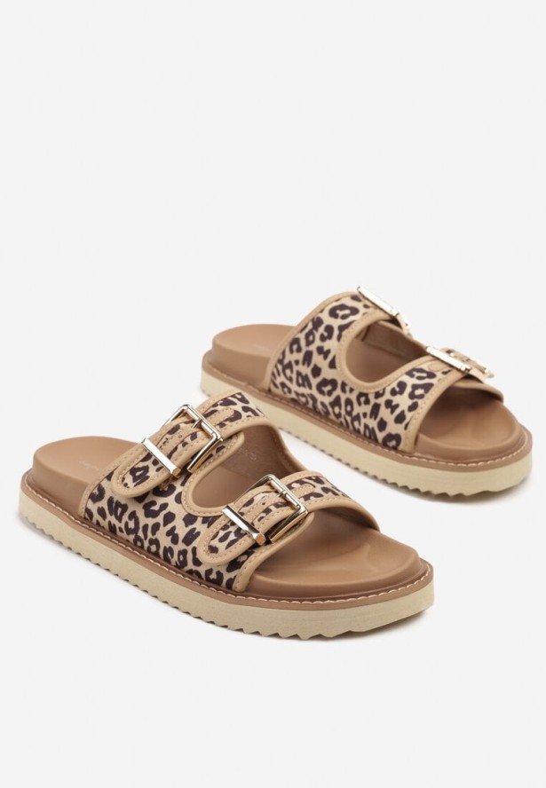 Beżowe Panterkowe Klasyczne Klapki z Paskami z Klamrami Palavenna