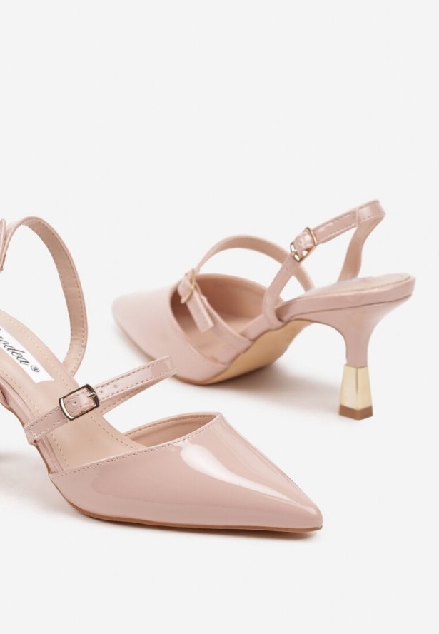 Beżowe Szpilki Bez Pięty z Metaliczną Wstawką i Ozdobnymi Paskami Frollexia