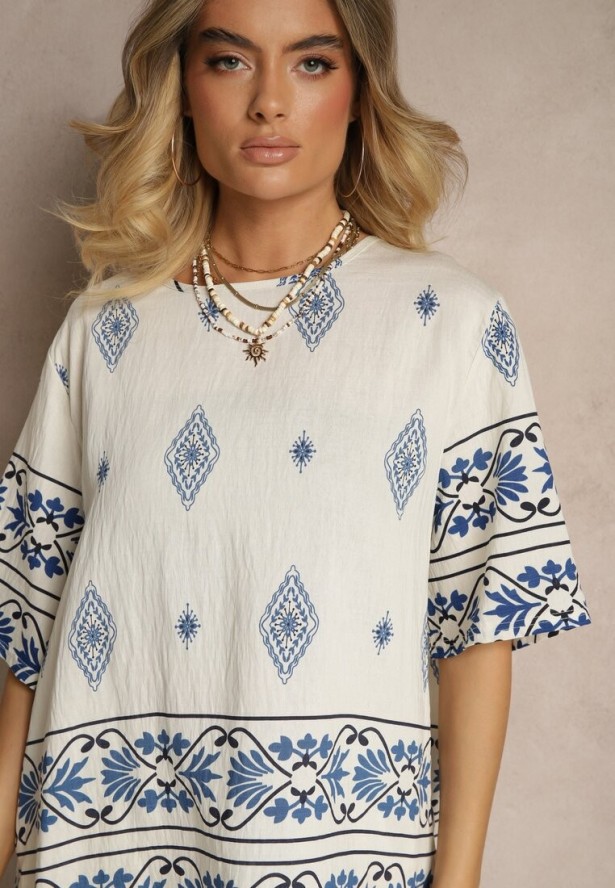 Beżowo-Niebieski Komplet z Wiskozy w Etniczny Wzór Szerokie Spodnie i T-shirt Sarivianne