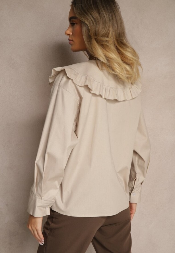 Beżowa Koszula z Bawełny w Stylu Retro z Wiązaniem i Kołnierzykiem z Falbankami Firsela