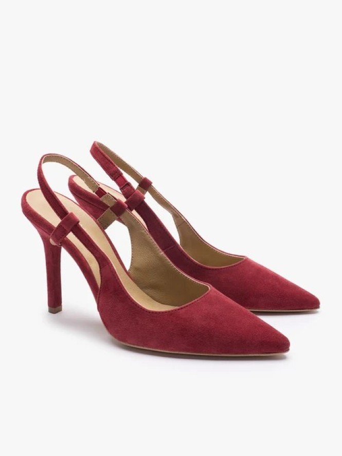 Bordowe czółenka slingback bez pięty ze skóry welurowej