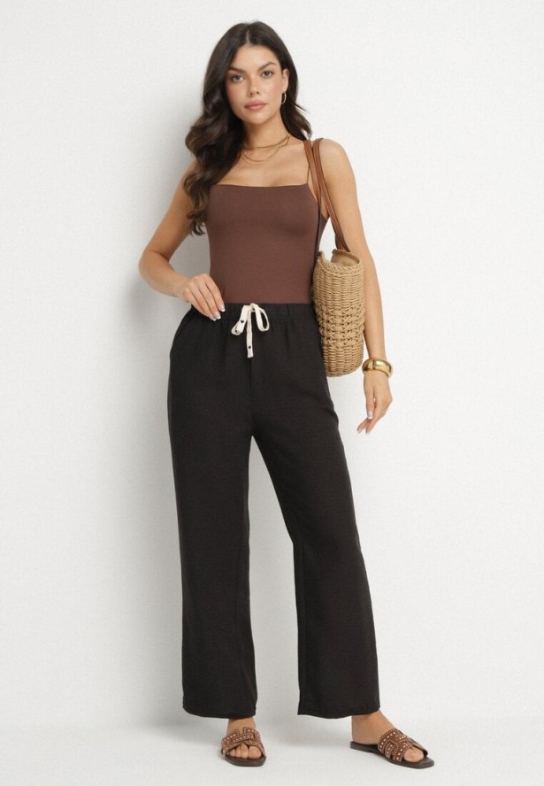 Czarne Spodnie o Szerokim Kroju z Gumką i Wiązaniem w Talii Mirastra