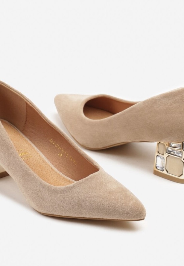 Beżowe Czółenka Vices ze Skórzaną Wkładką na Ozdobnym Obcasie Amuria