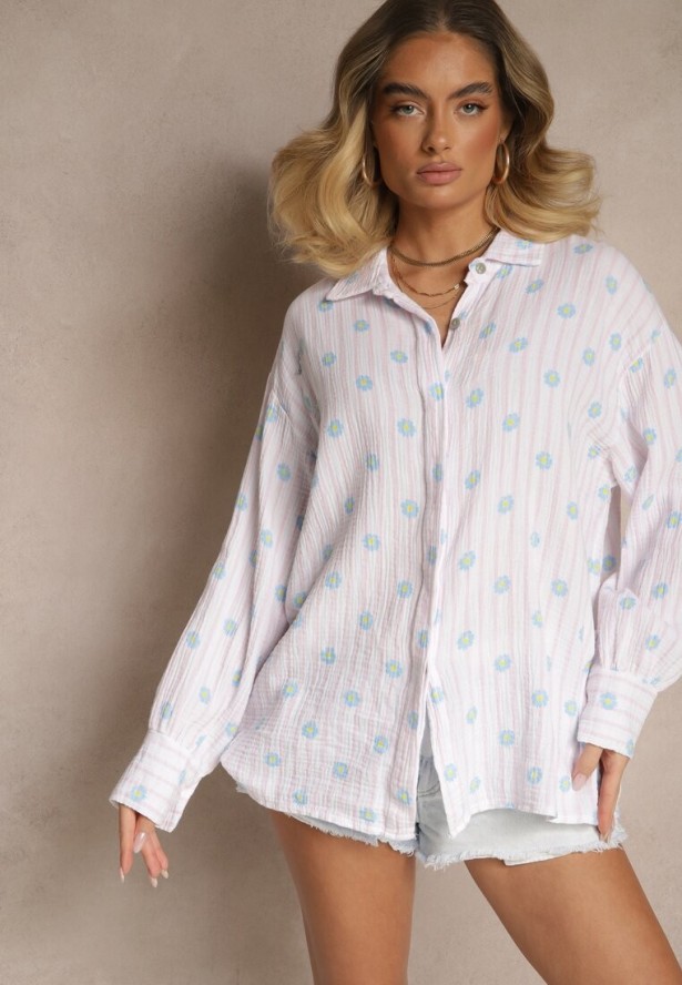 Różowo-Niebieska Koszula z Bawełny w Prążki Zdobiona Kwiatowym Wzorem Apiola