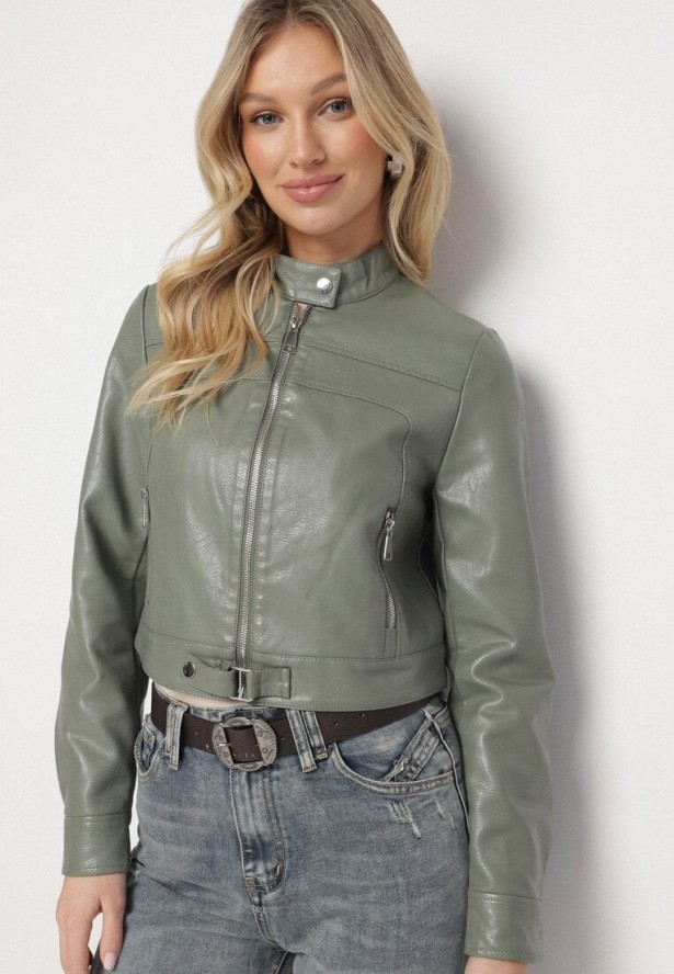 Jasnozielona Kurtka Ramoneska w Motocyklowym Stylu z Klamerką Terlia
