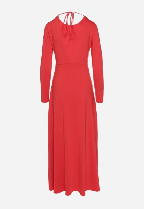 Czerwona Rozkloszowana Sukienka z Wiskozą z Odkrytymi Plecami i Wiązaniem Irellisa