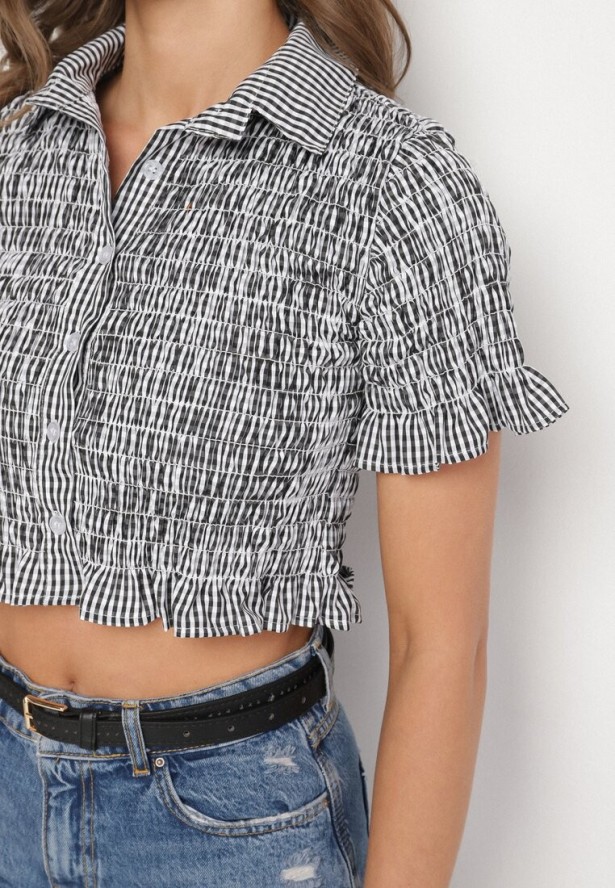 Czarna Elastyczna Koszula w Kratkę Vichy o Krótkim Kroju Sovzeri