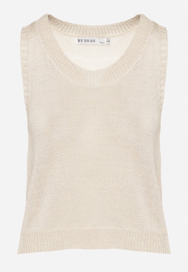 Beżowa Bluzka Bez Rękawów z Dzianiny z Wiskozy z Metaliczną Nicią Alamaris