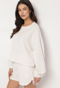 Jasnobeżowy Dzianinowy Komplet Bluza i Szorty Novanisa