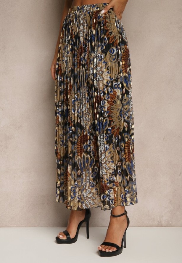 Czarna Spódnica Plisowana Ozdobiona Metalicznym Nadrukiem Firavenne