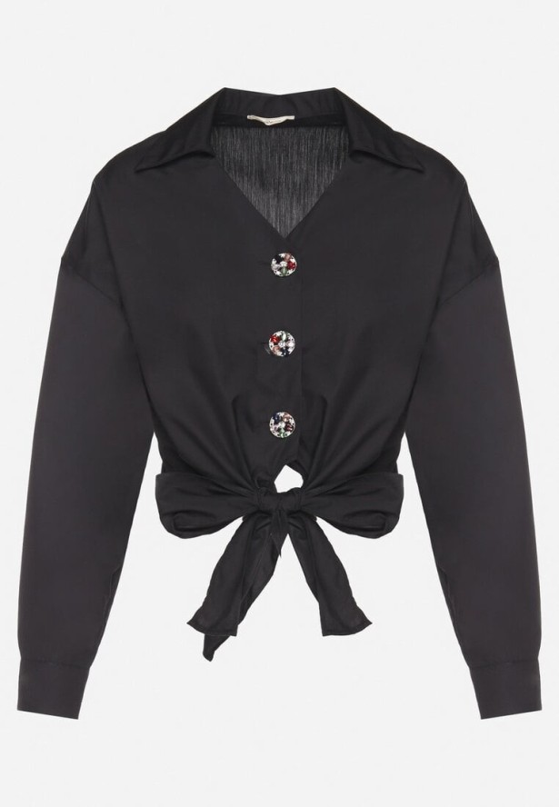 Czarna Bawełniana Koszula o Krótkim Kroju z Wiązaniem i Ozdobnymi Guzikami Lililva