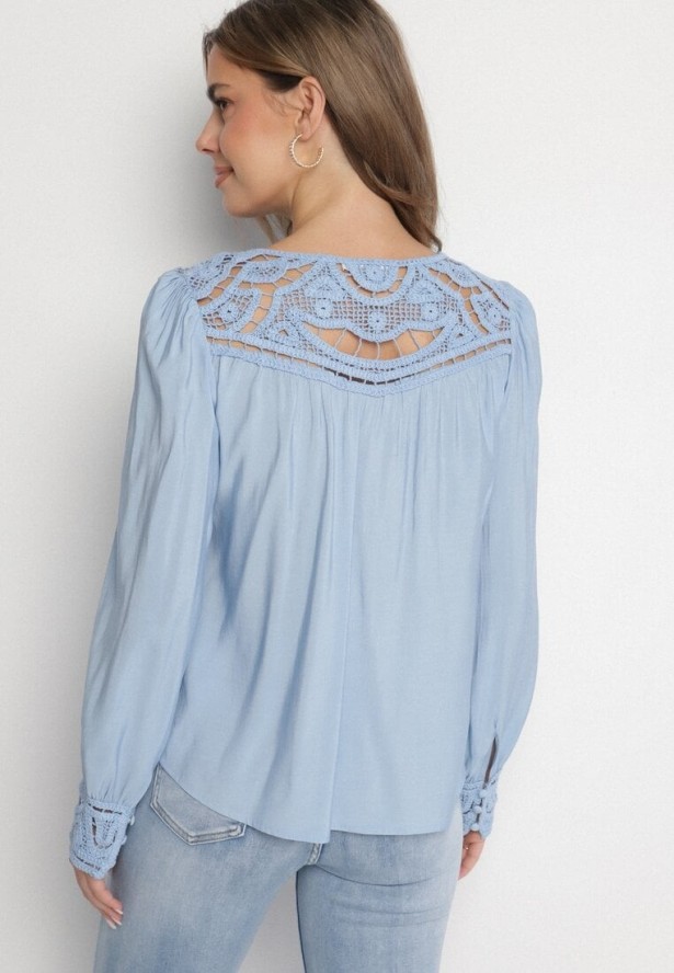 Jasnoniebieska Koszula z Ażurowymi Wstawkami Nanlira