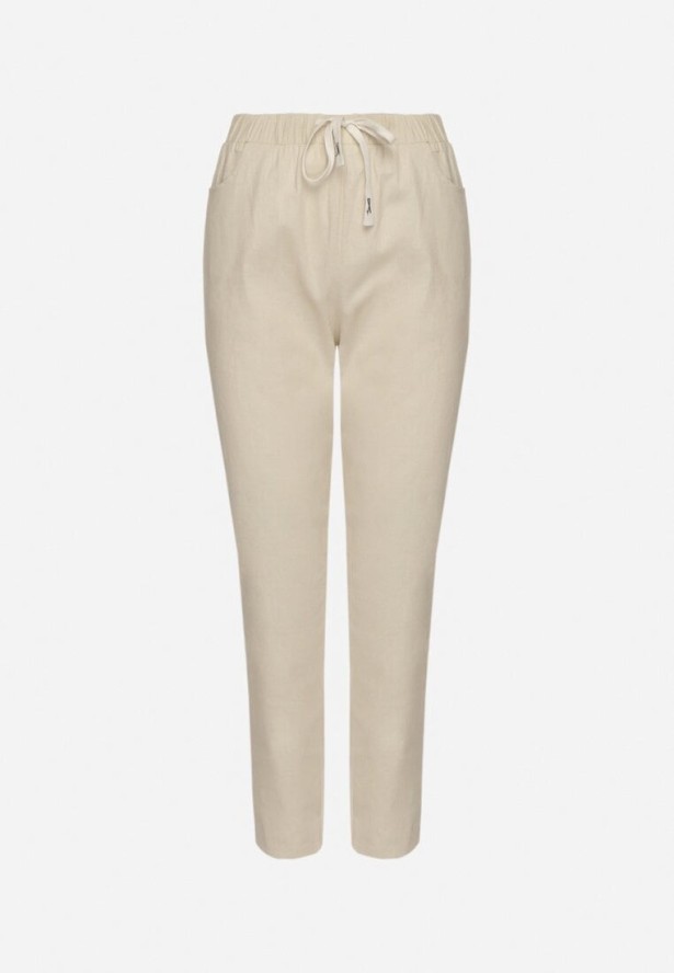 Beżowe Bawełniane Spodnie z Wiązaniem Feltebia