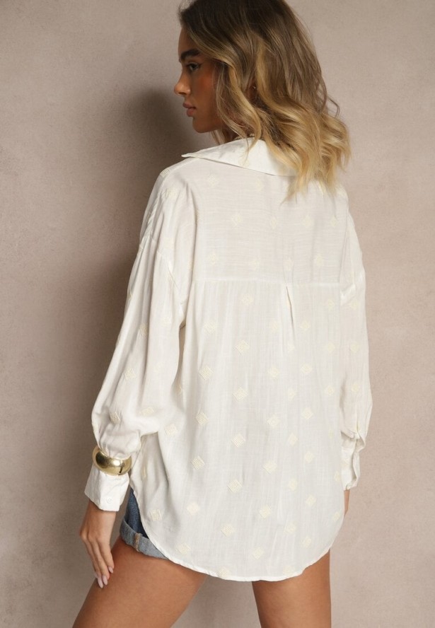 Biała Wiskozowa Koszula z Dodatkiem Lnu Zdobiona Haftem w Romby Fadeira