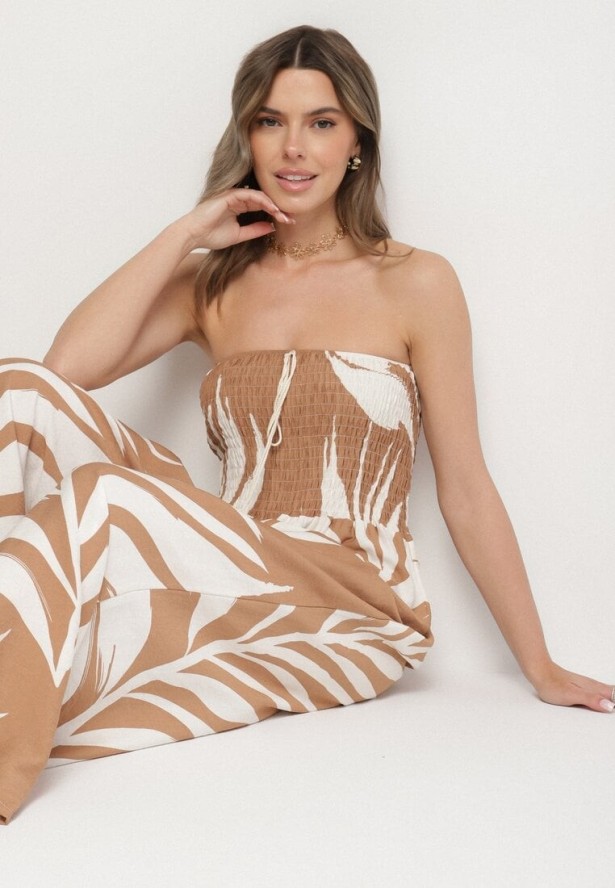 Beżowy Kombinezon z Wiskozą i Lnem Ozdobiony Wzorem LIści Fevisaie