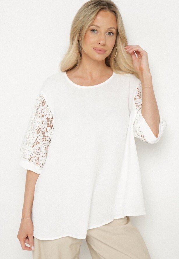 Biała Bluzka z Koronkowymi Rękawami Jenavessa