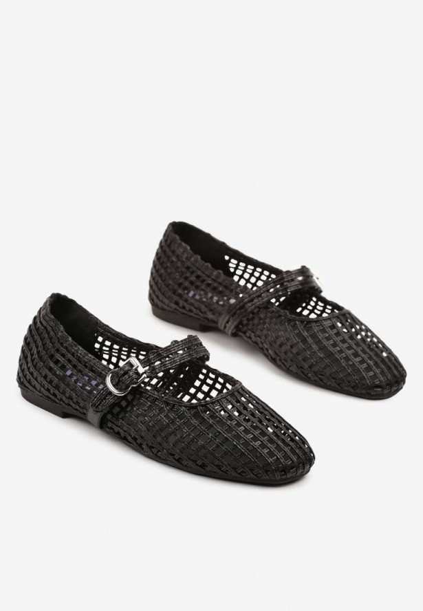 Czarne Ażurowe Balerinki w Stylu Mary Jane z Plecioną Cholewką Deraelle