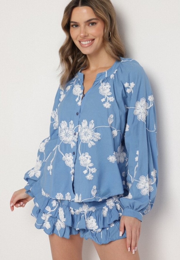 Niebieski Bawełniany Komplet Koszula z Szerokimi Rękawami i Spódnico-Spodenki Savrise