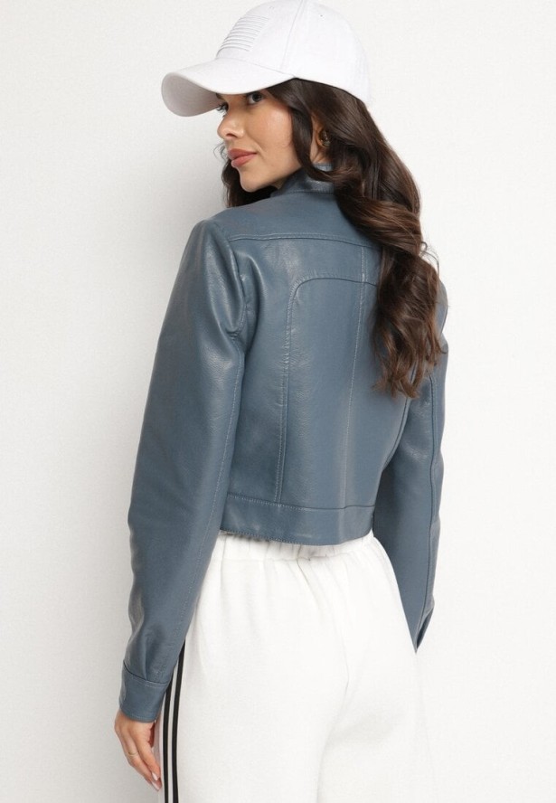 Granatowa Kurtka Ramoneska w Motocyklowym Stylu z Klamerką Terlia