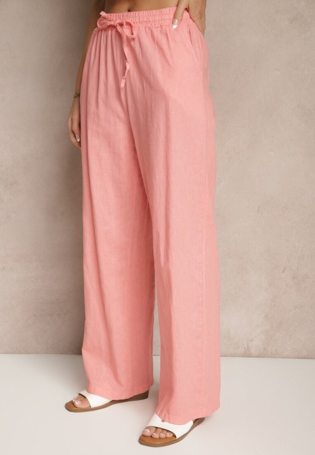 Jasnoróżowy Komplet z Lnem Koszula i Spodnie o Szerokim Kroju Renavine