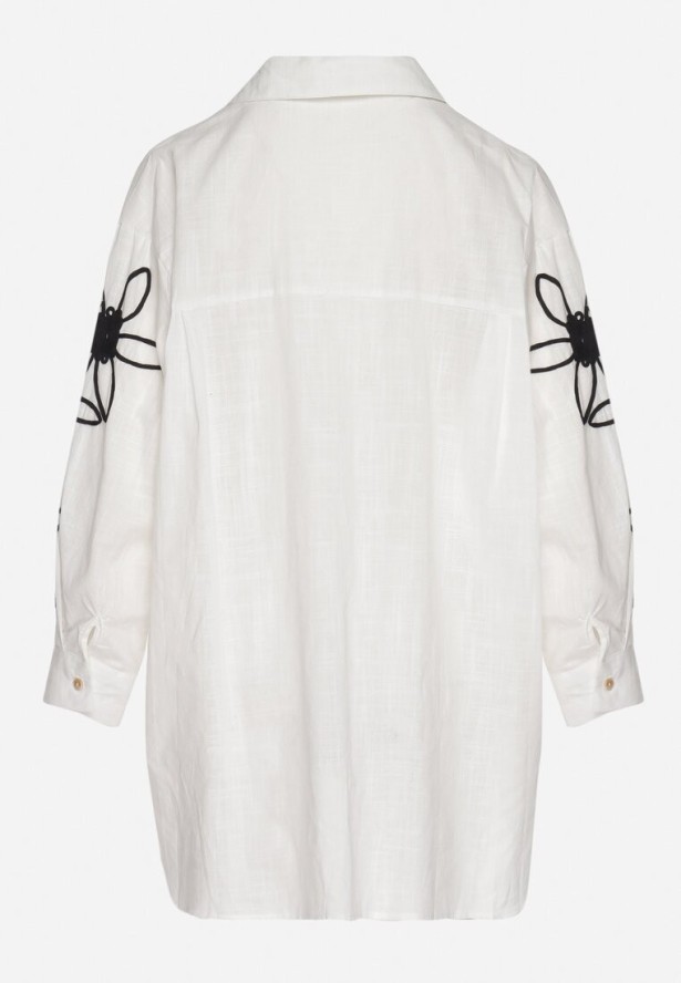 Biała Bawełniana Koszula Oversize z Kwiatowymi Aplikacjami Fadella