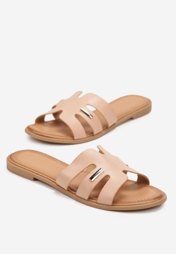 Jasnoróżowe Płaskie Klapki z Paskiem Ozdobionym Wycięciami Linvin