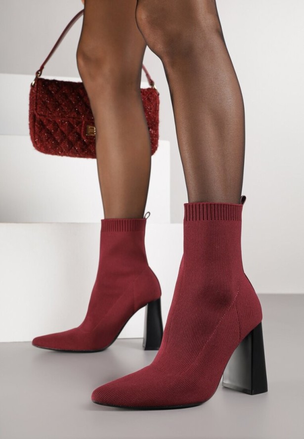 Bordowe Botki Vices na Obcasie o Geometrycznym Kształcie z Elastyczną Cholewką Falurea