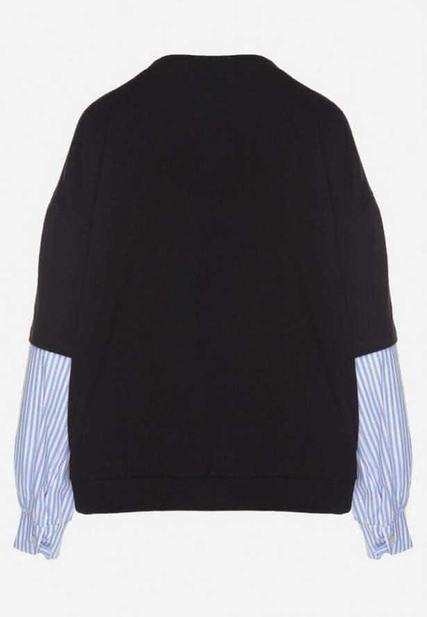 Czarna Bluzka z Bawełny z Koszulowymi Rękawami w Paski Firselia