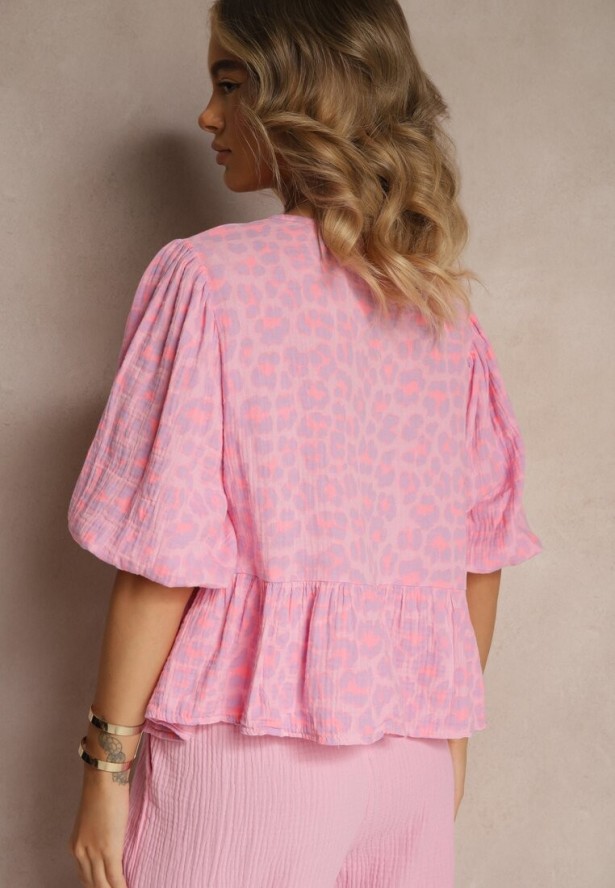 Różowa Bluzka z Bawełny w Prążki Zdobiona Wiązaniem i Falbaną Farettia