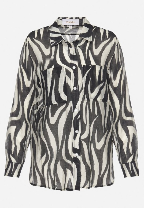 Czarna Klasyczna Koszula w Zebrę z Przezroczystej Tkaniny z Wiskozy Bovianne