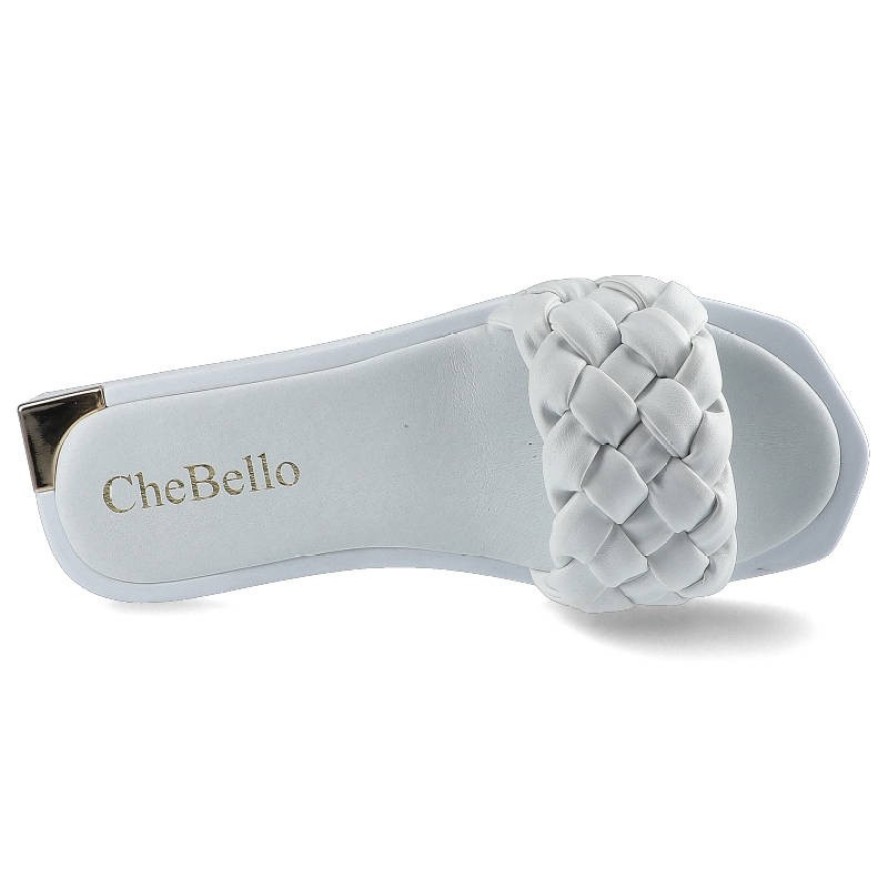 Klapki damskie Chebello, naturalna skóra licowa z szerokim plecionym paskiem wsuwaną konstrukcją oraz płaską lekką podeszwą, białe, 2609-364-PSK