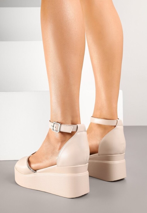 Beżowe Sandały na Koturnie z Cyrkoniami Natirave