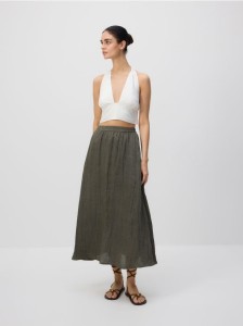 Spódnica midi z gniecionej tkaniny - oliwkowy